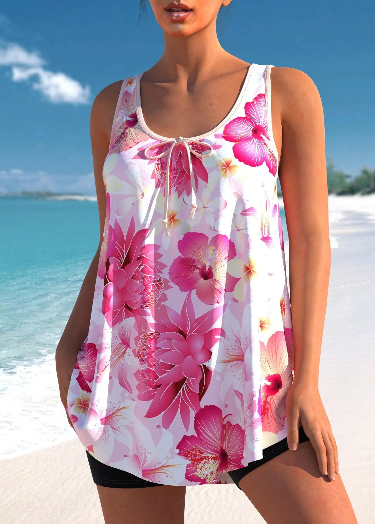 Pink printed plus size tankini swimsuit with high waist briefs on a hanger.