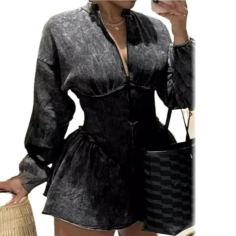 Gray women's slim-fit A-line dress with digital printing, drawstring waist, and long sleeves.