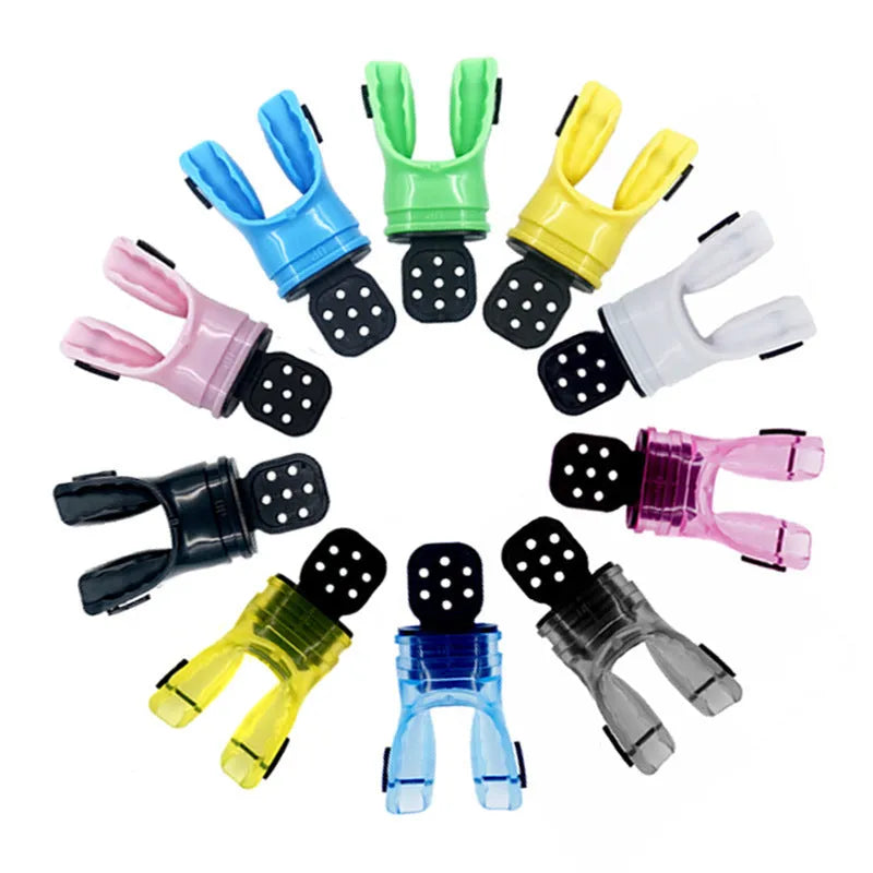 Plastic free diving mouthpiece in edible silicone showing colour options including black, white, blue, green, yellow and pink