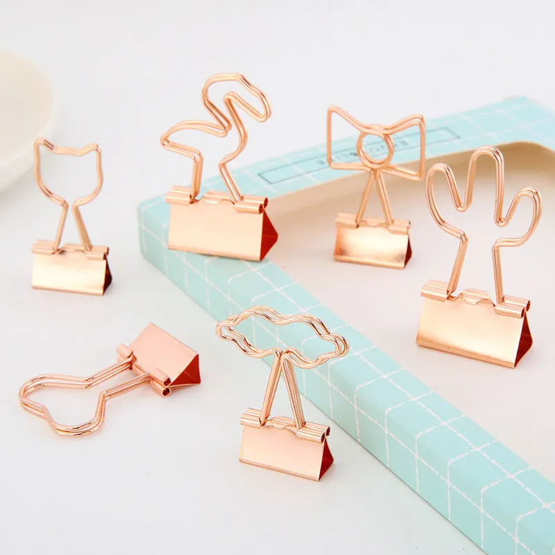 Creative gold-plated long tail paper clip with decorative top shaped like a bow, cactus, cat, flamingo, love, or cloud.