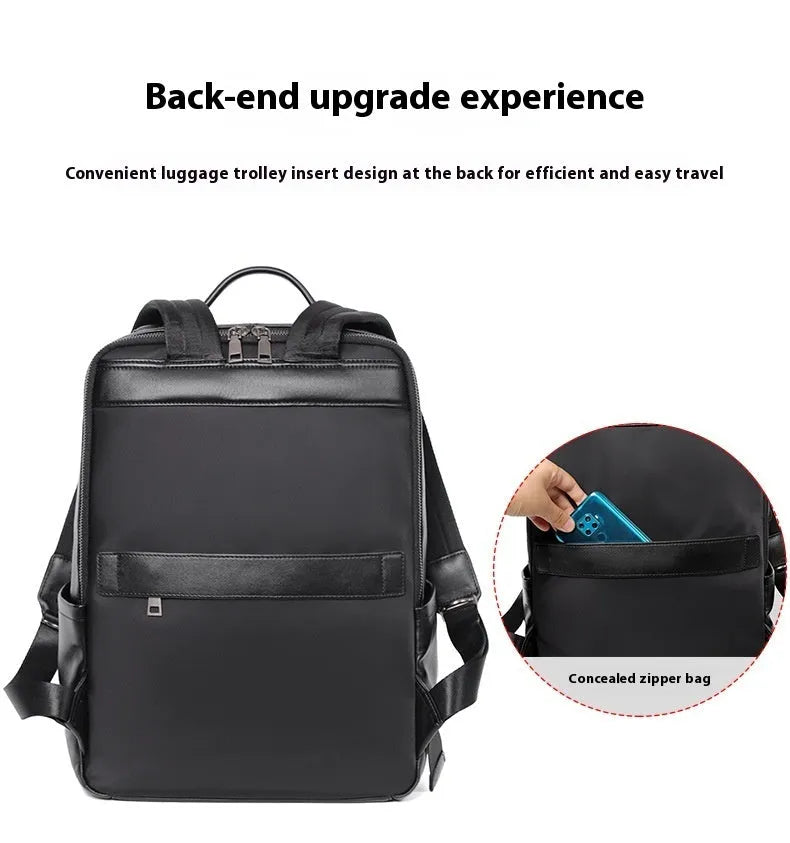 Black genuine leather men's computer backpack with large 55L capacity shown from a side angle.