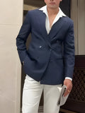 Men's classic striped double breasted blazer in regular fit on a hanger.