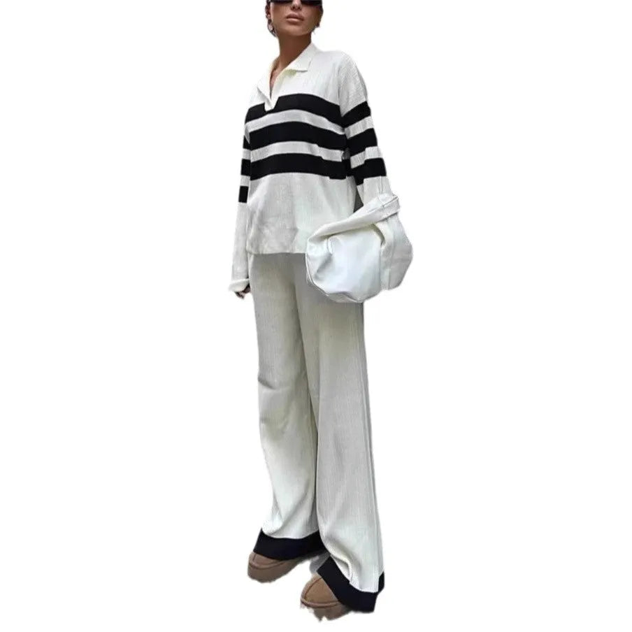 Women's black and white striped polo collar knitted top with matching long trousers casual two-piece set