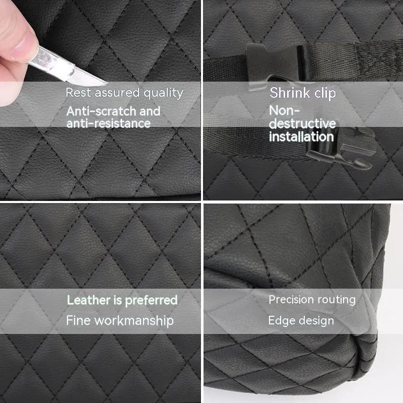 Leather hanging storage bag for car interiors in 25x25x8cm dimensions