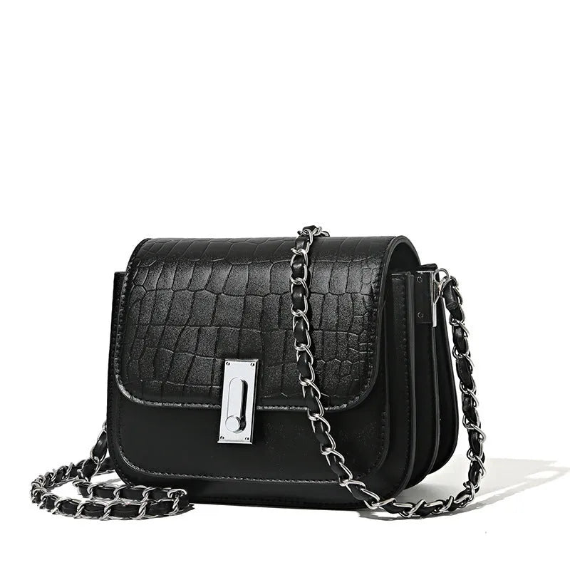 Soft black PU leather women's chain shoulder bag with cross-body strap and sewn detailing