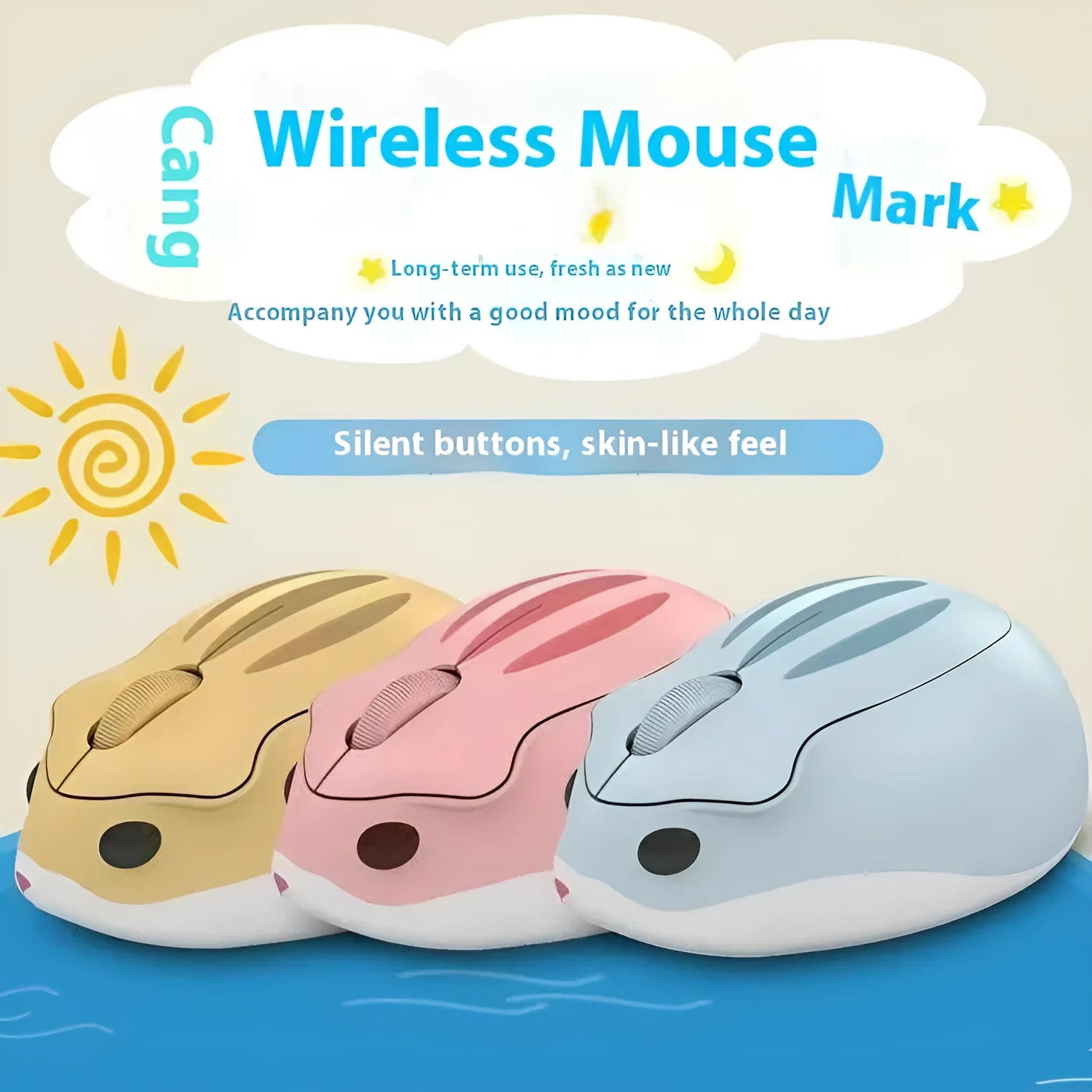 Hamster Bluetooth wireless mute computer mouse in yellow, pink, and grey colour options on a desk.
