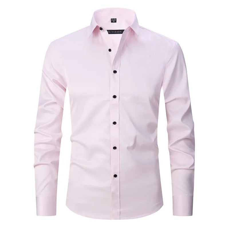 Men's stretch long sleeve work shirt in polyester fibre showing colour options and sizing details