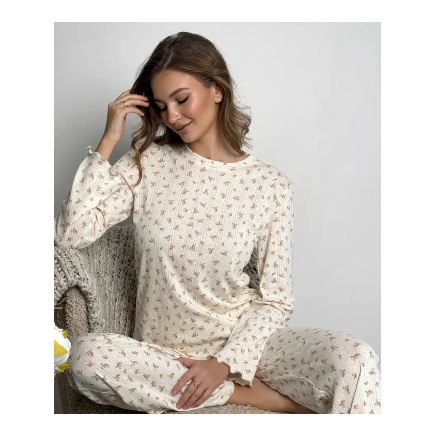 Women's white floral print polyester lounge suit with bell sleeve top and wide leg trousers