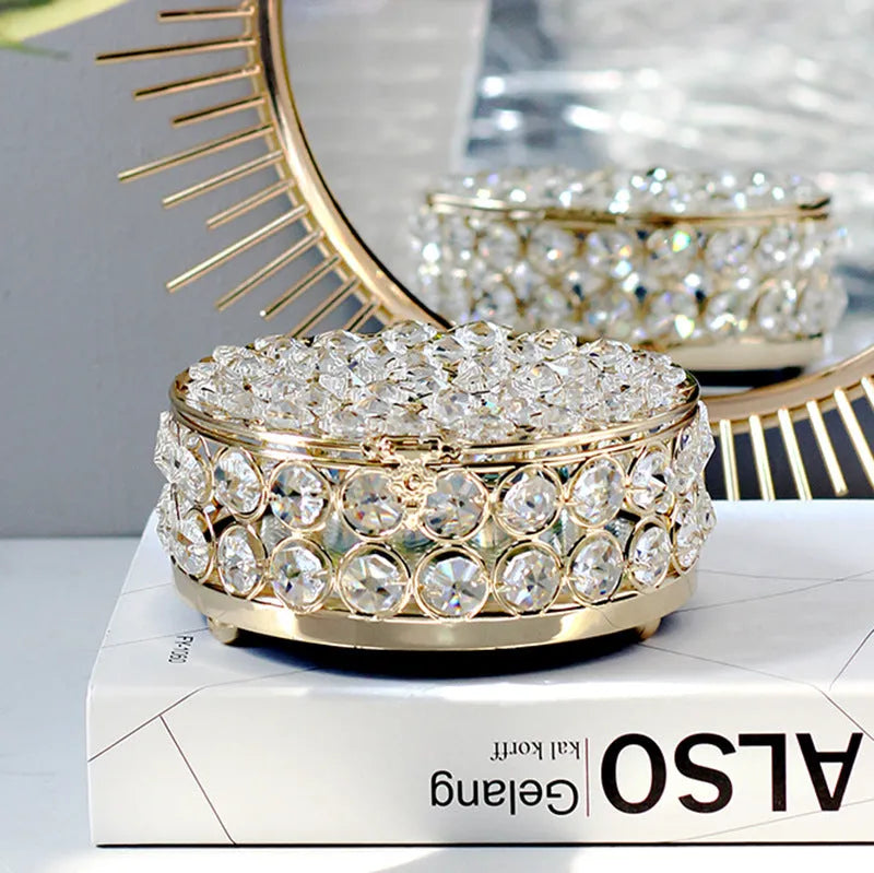 European style jewelry box with crystal glass transparent top and French gold iron finish