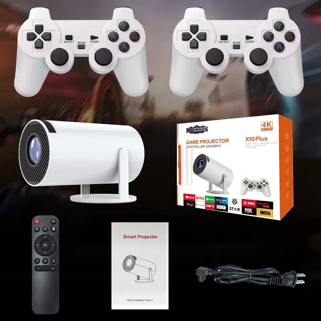 White Barrel X10 PLUS portable smart projector with remote control and gamepad on table