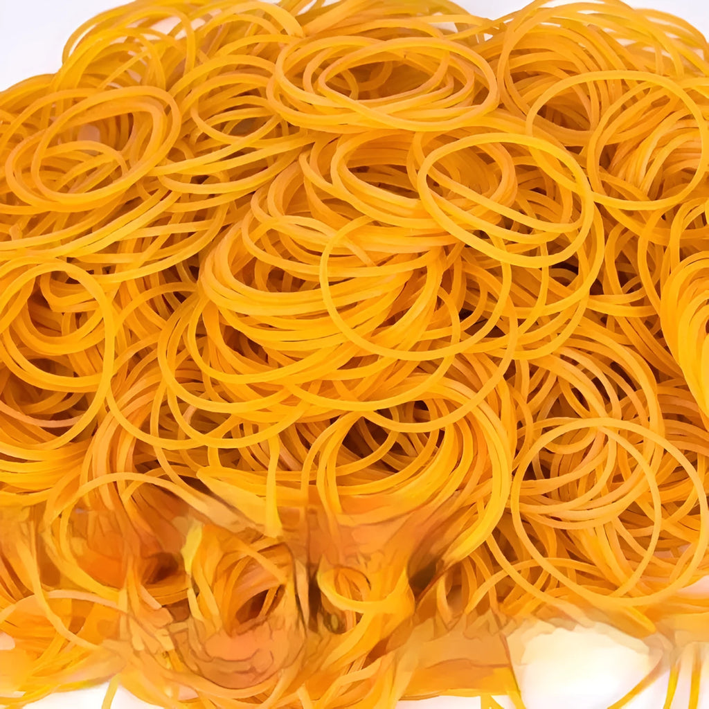 500g pack of bright yellow rubber bands showing assorted sizes from 25mm to 70mm diameter.