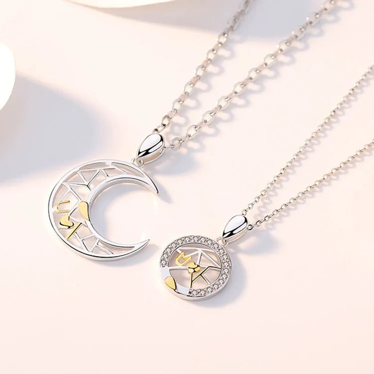 Sun moon tooth couple necklace for men and women with copper pendant and cross chain style