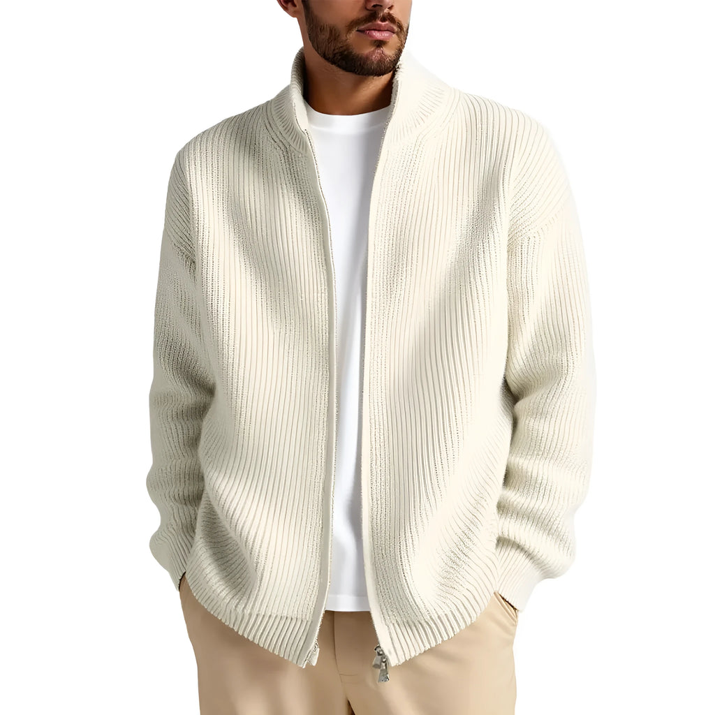 Man wearing a loose grey cardigan sweater with button-up front and V-neck.