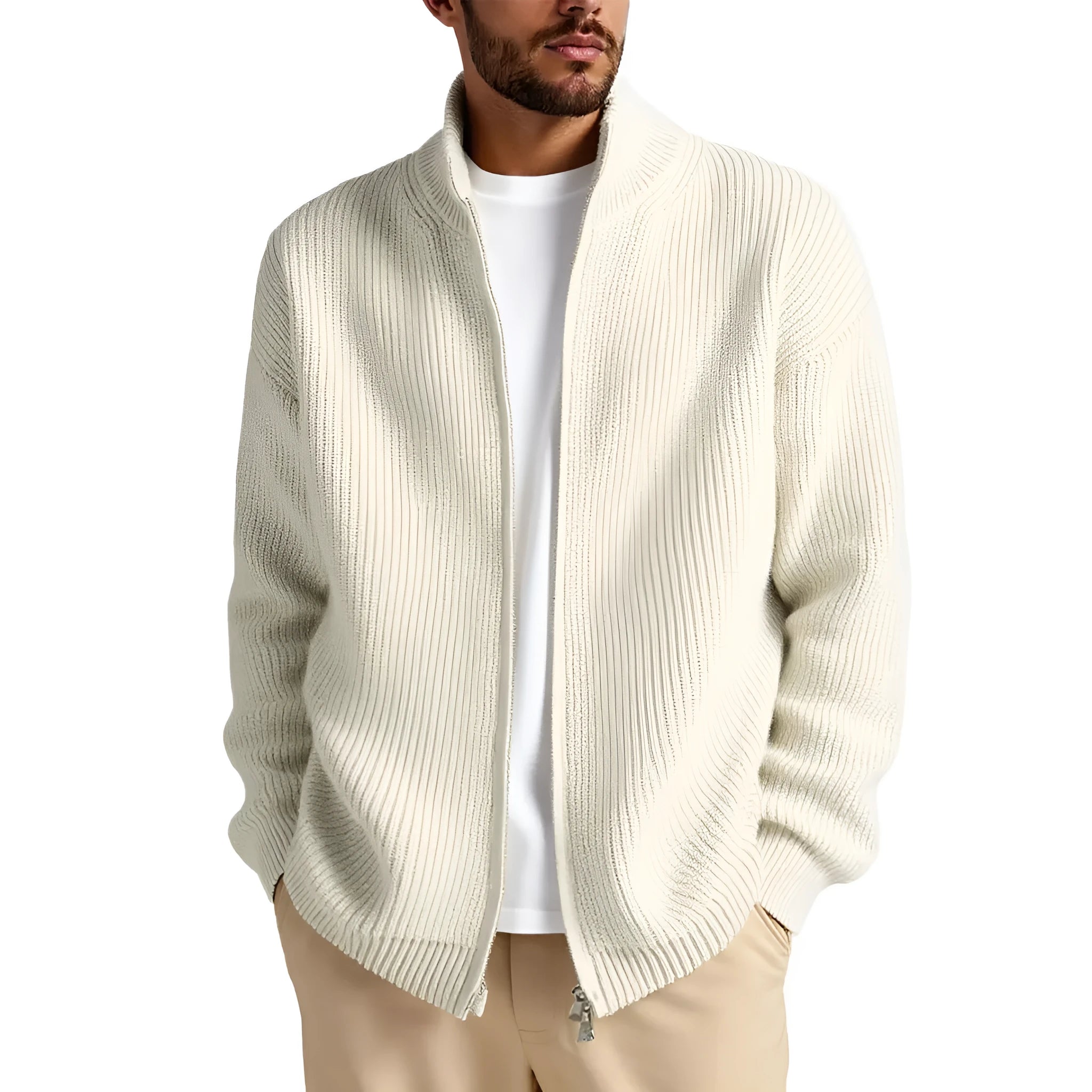 Man wearing a loose grey cardigan sweater with button-up front and V-neck.