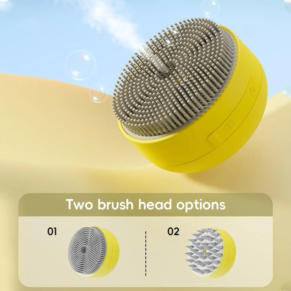 Rechargeable silicone steam brush for cats and dogs in green or yellow with ergonomic handle for removing loose hair.
