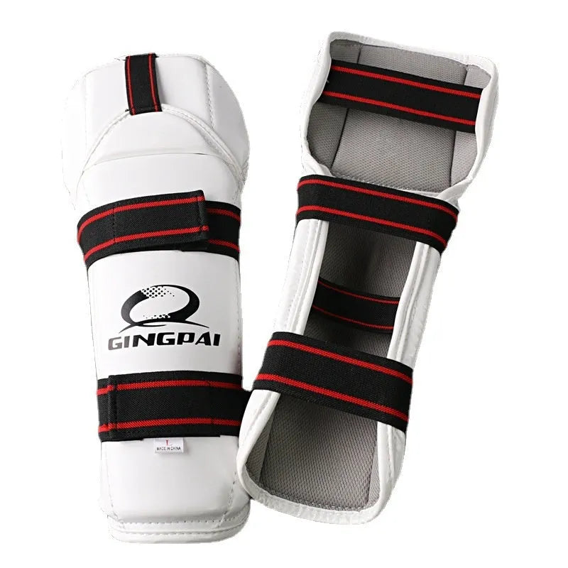 Taekwondo protective gear set showing leggings, arm guard and leg protector in PU EVA material