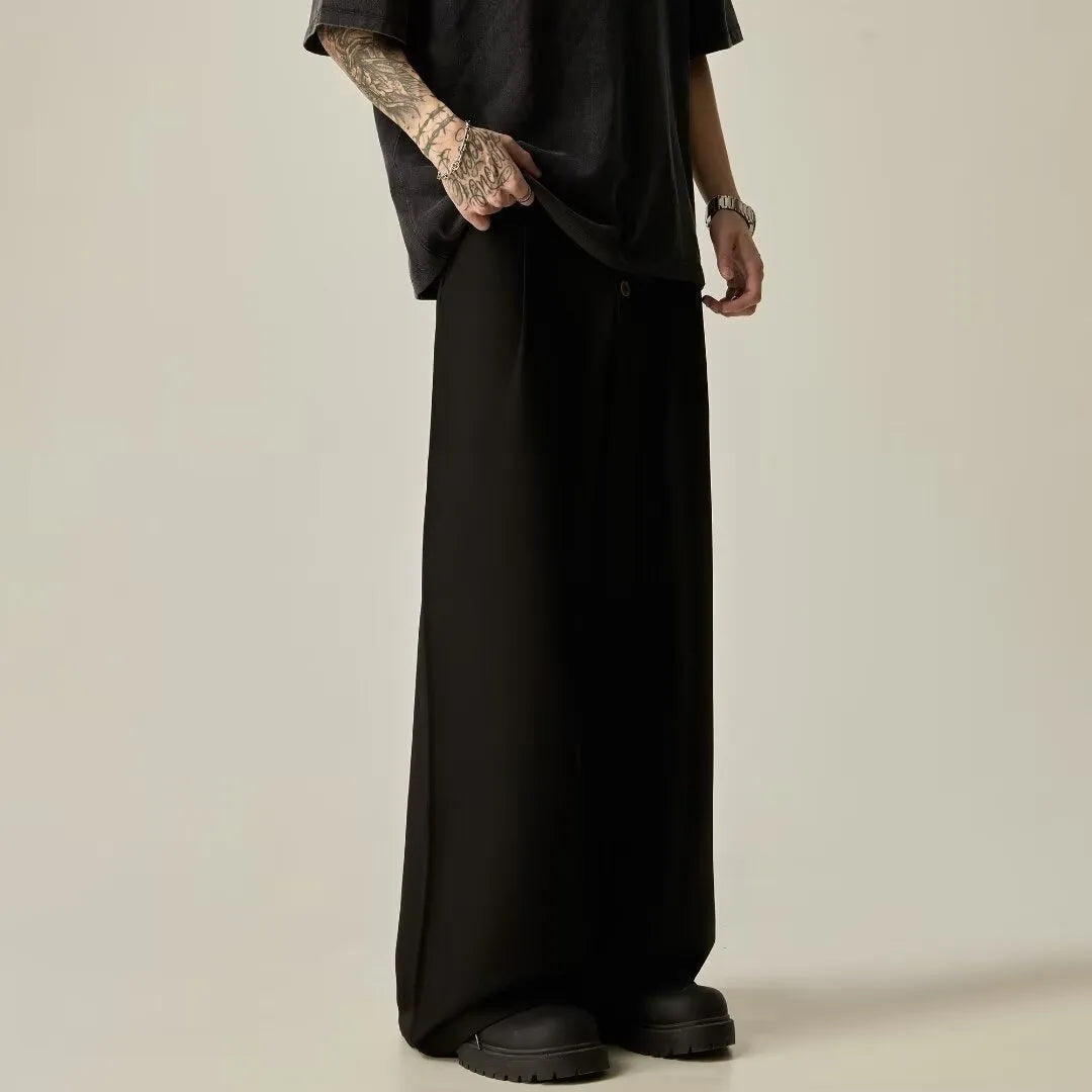 Men's black vertical tube wide-leg casual trousers with cardigan button leg opening