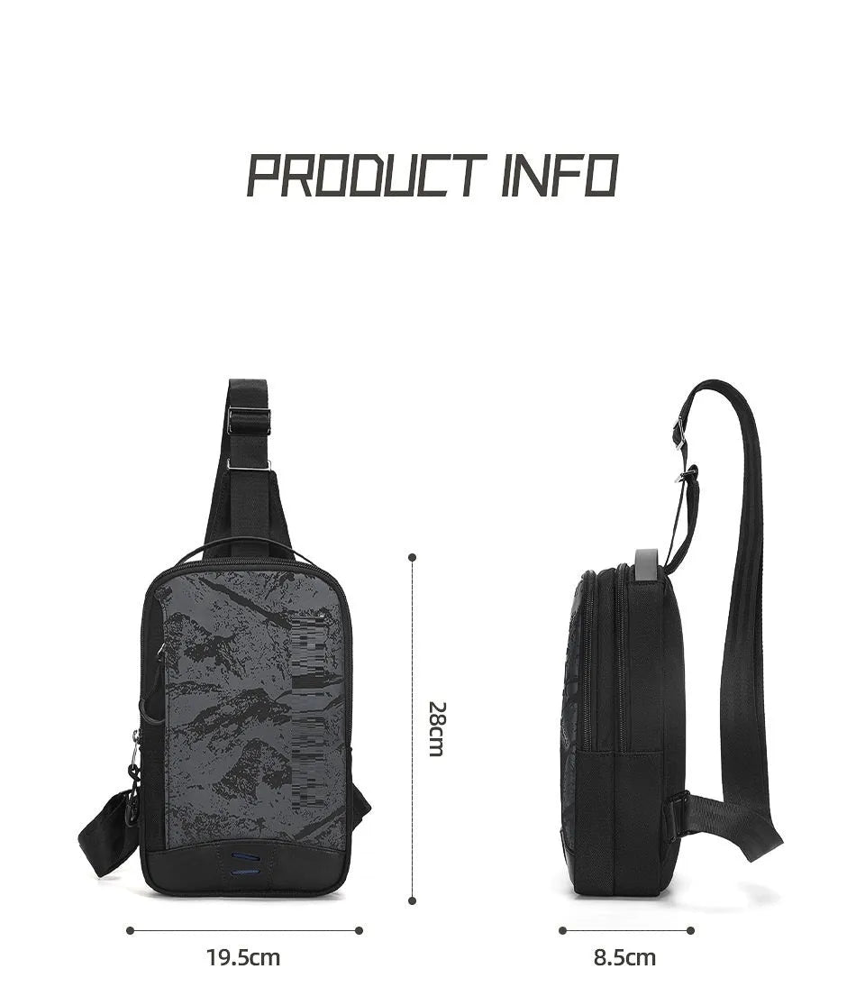 Casual black TPU camouflage chest bag with a soft handle and single shoulder strap.