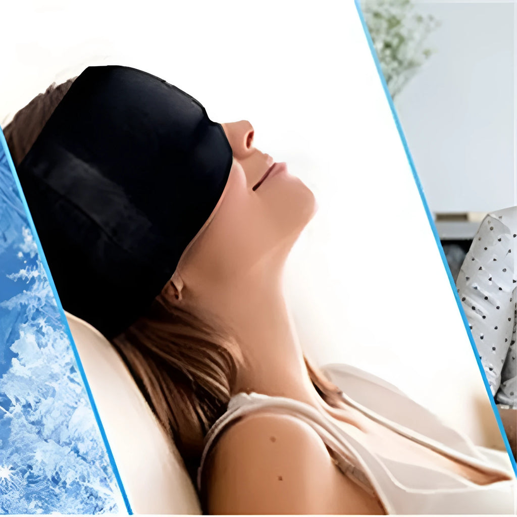 Black elastic cloth gel ice mask for headache relief, shown laid flat with dimensions 22 by 17 cm.