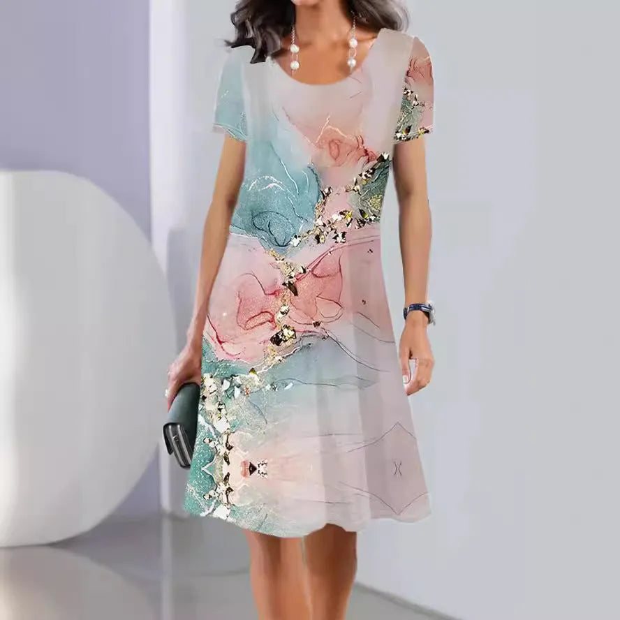 Floral print A-line summer dress in ice silk polyester fabric with short sleeves