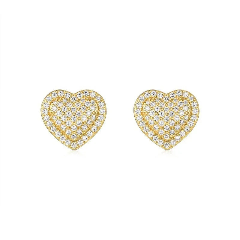 A pair of gold-coloured heart-shaped moissanite stud earrings on S925 silver posts.