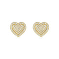 A pair of gold-coloured heart-shaped moissanite stud earrings on S925 silver posts.