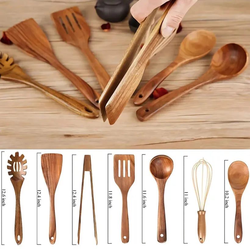 Seven wooden cooking utensils including spoons and shovels with non-slip handles