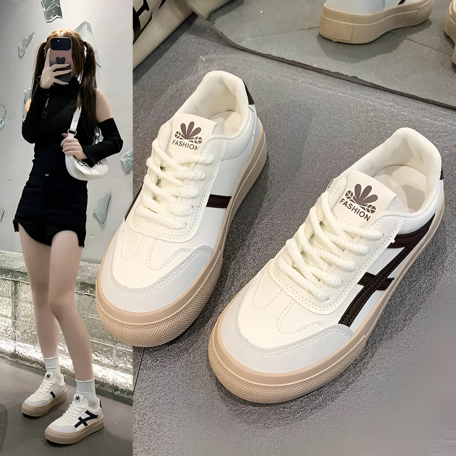 Low top casual board shoes in blue or brown with artificial PU upper and rubber sole