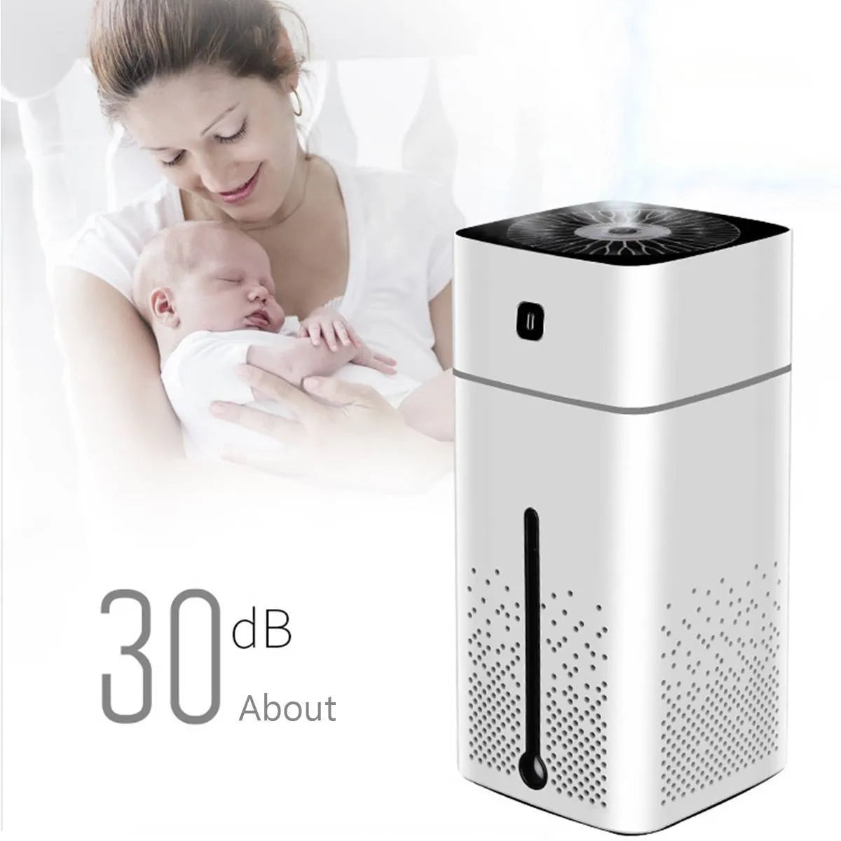 Black or white USB desktop humidifier with 1000ml water capacity measuring 103x103x218mm