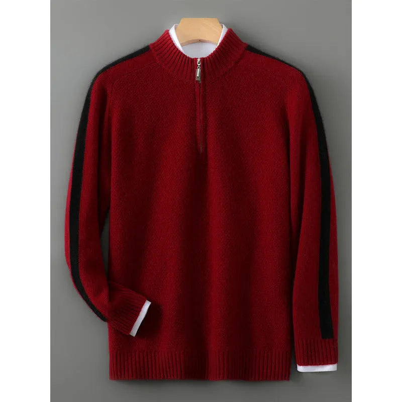 Sheep wool half-zip knitted sweater in slim fit, shown in Raw Velvet Camel colour.