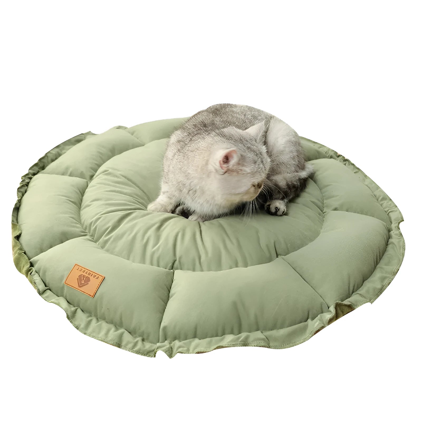 Grey and green reversible donut-shaped cat bed for indoor cats and small dogs