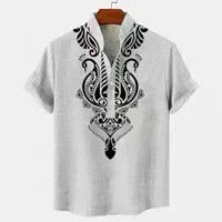 Men's striped casual linen shirt with personalised buttons on a hanger, shown in a loose fit.