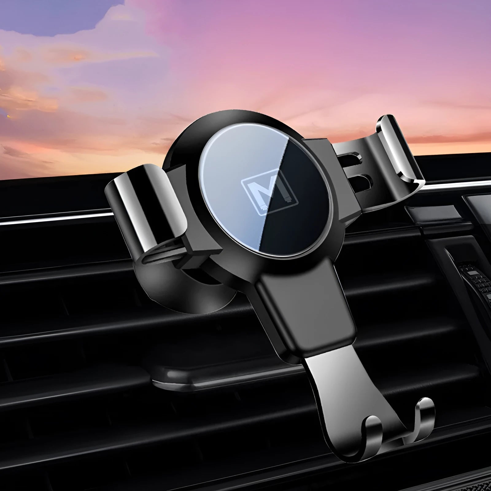 Black S4 gravity mobile phone bracket clipped onto a car air conditioning vent, holding a smartphone.