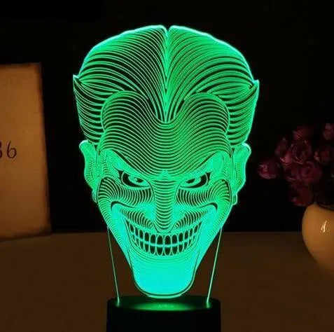 3D LED lamp showing seven colour options with acrylic plate construction and remote control