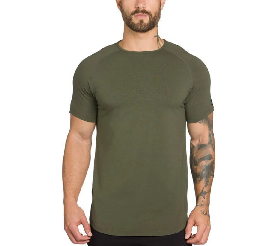 Mens plain and printed cotton-spandex gym shirt in army green, black, white colours