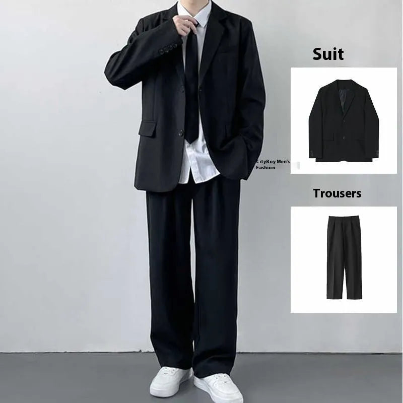 Plus size men's college style suit jacket set with trousers, white shirt and tie in loose fit