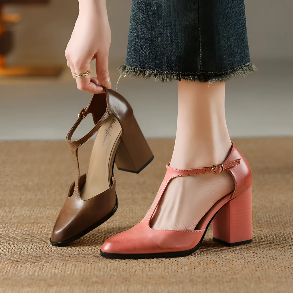 Women's retro pointed toe Mary Jane shoes with buckle and hollow baotou design in pink or dark brown.