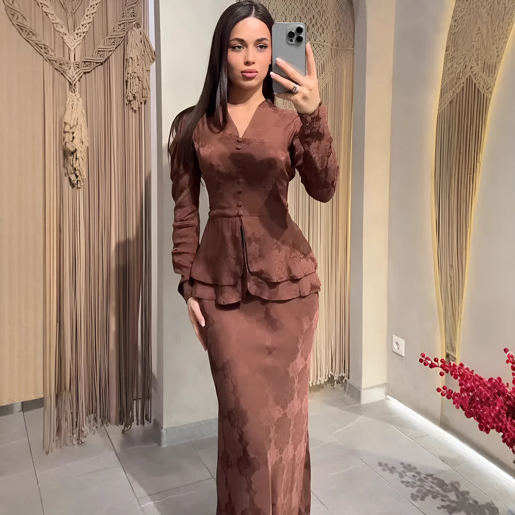 Dark brown artistic retro dress with floral pattern, long sleeves, and slim fit silhouette