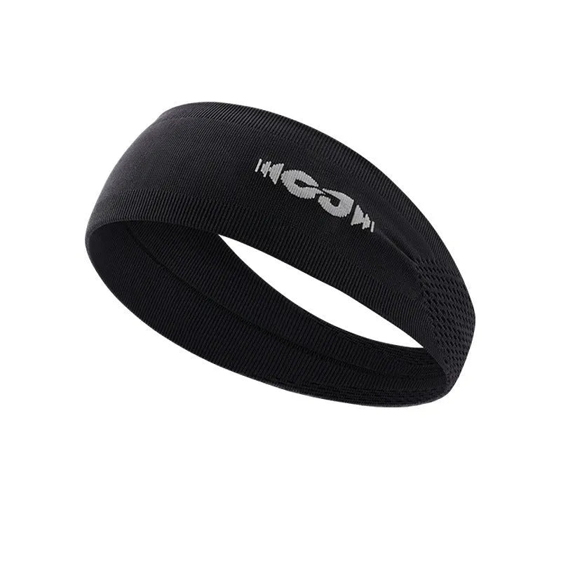 Seamless knitted sports hair band in black, grey, and blue colours on a plain background.