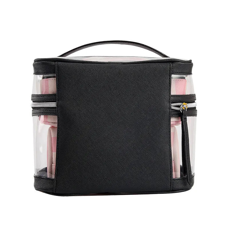 Pink striped floral pattern synthetic leather folding buggy bag makeup kit