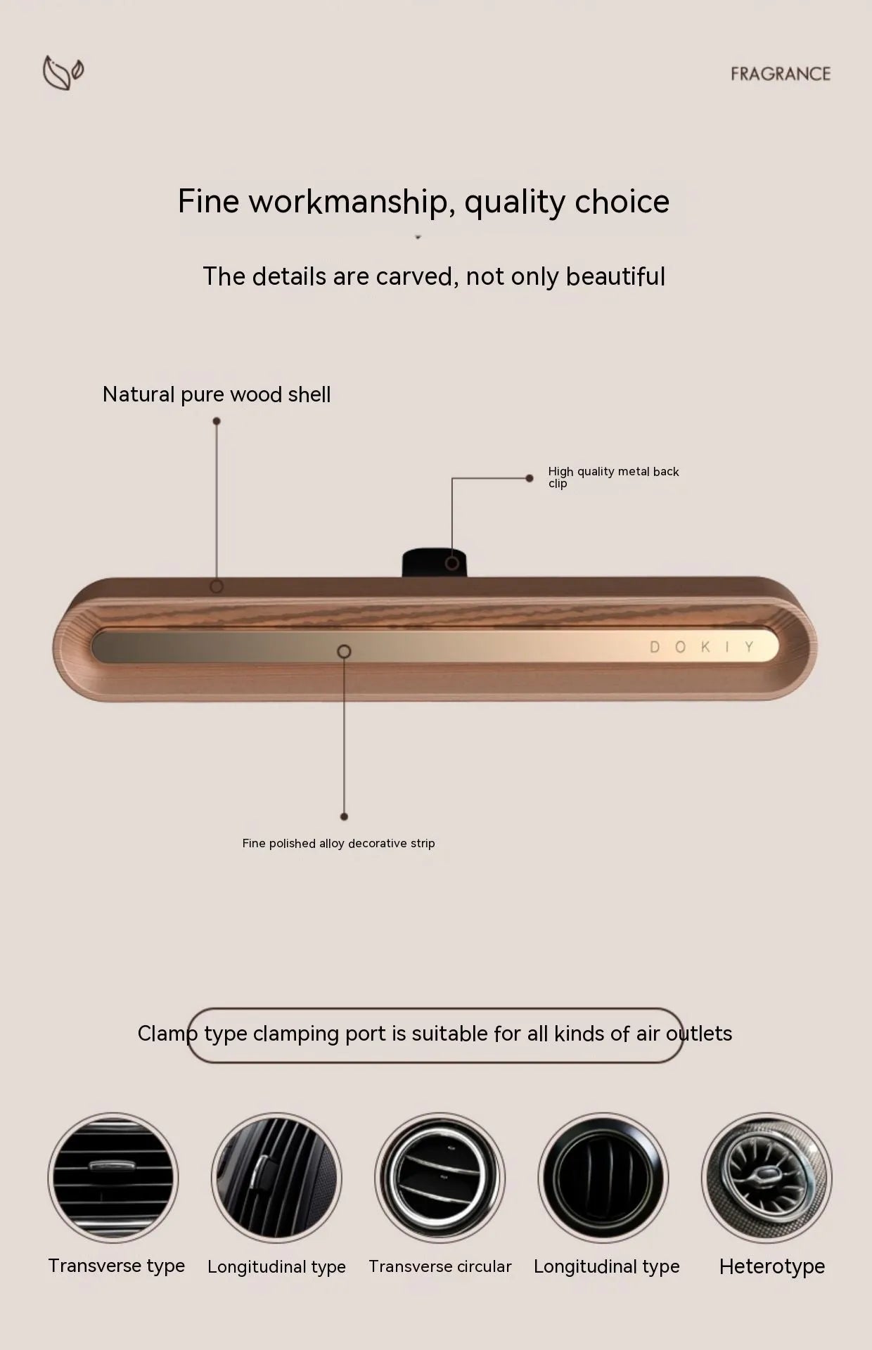Solid car aromatherapy ornament mounted on air vent with long strip design in metallic grey colour