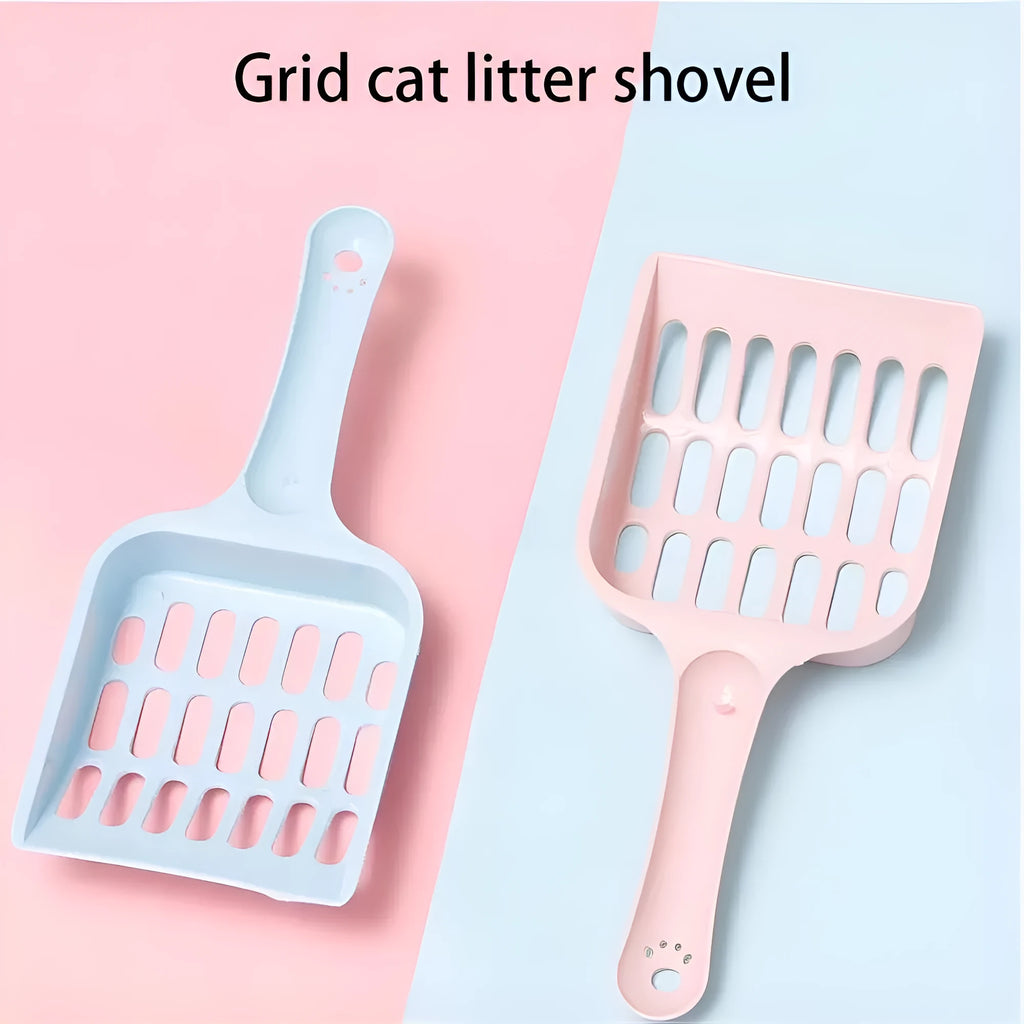 Blue plastic cat litter scoop on a white background, showing its size and sifting holes.