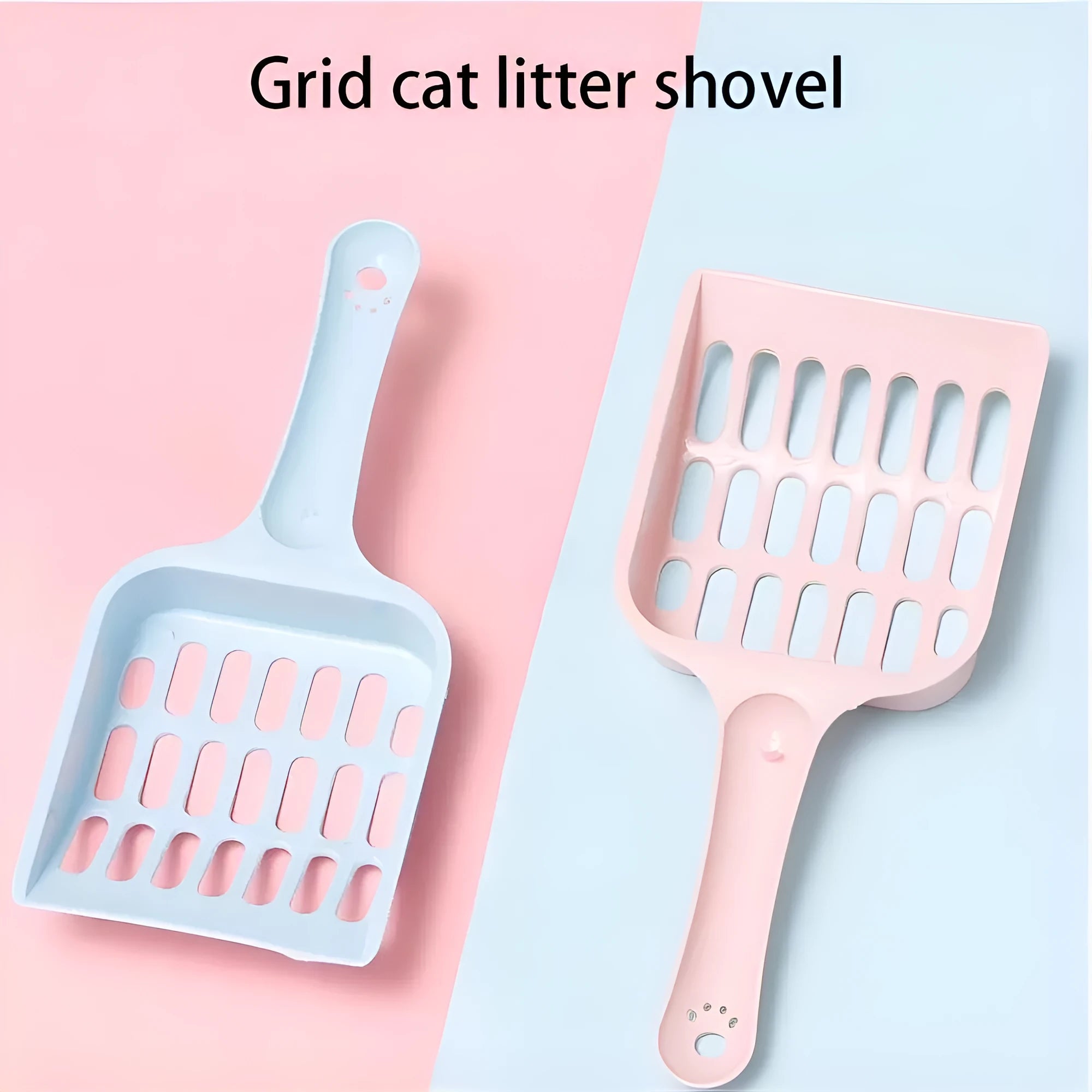 Blue plastic cat litter scoop on a white background, showing its size and sifting holes.
