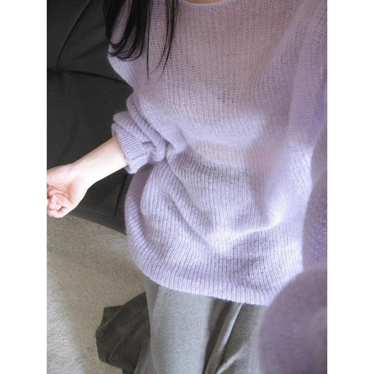 Purple women's blouse with princess sleeves and hollow out detailing, made from ice silk fabric.