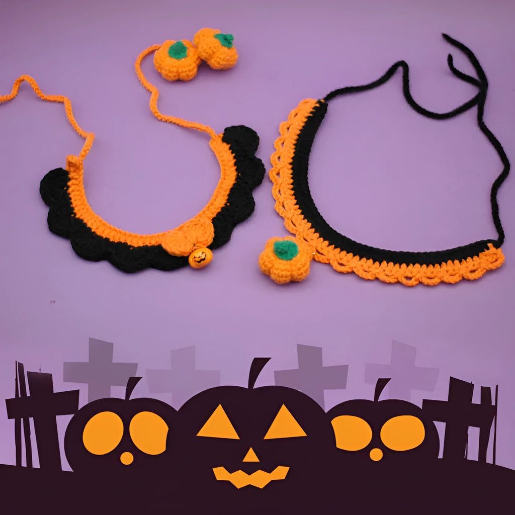 Hand-crocheted wool pet collar with pumpkin design for Halloween in adjustable sizes