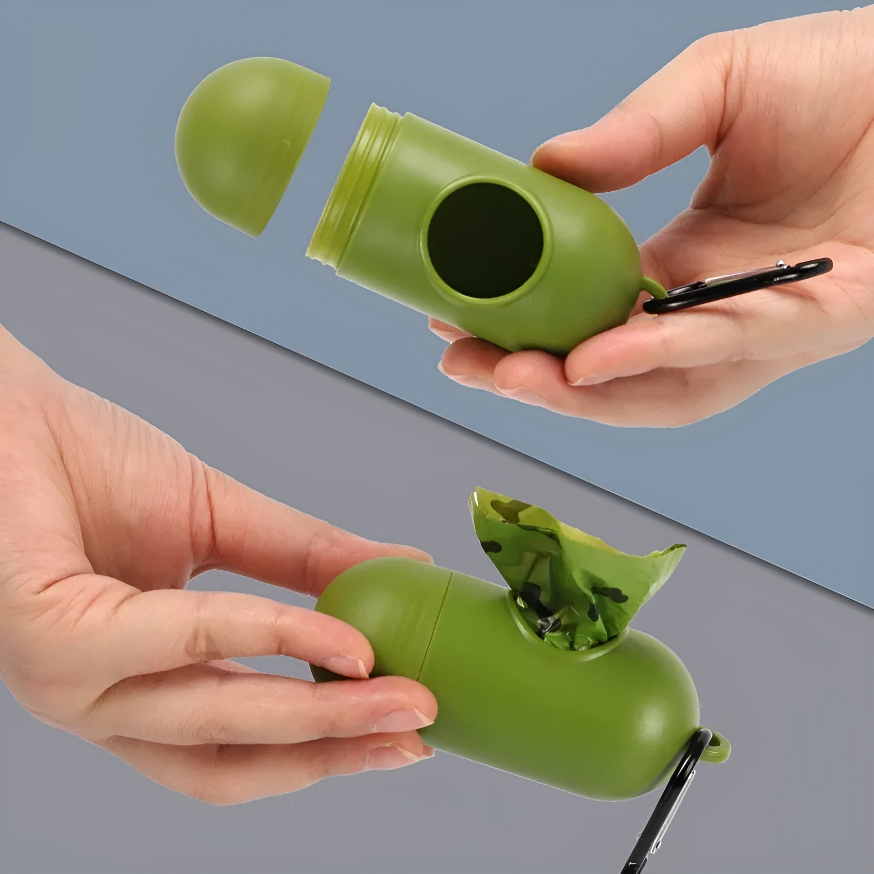 Roll of degradable military green dog poop bags with black bone print, showing bag size and dispenser option.