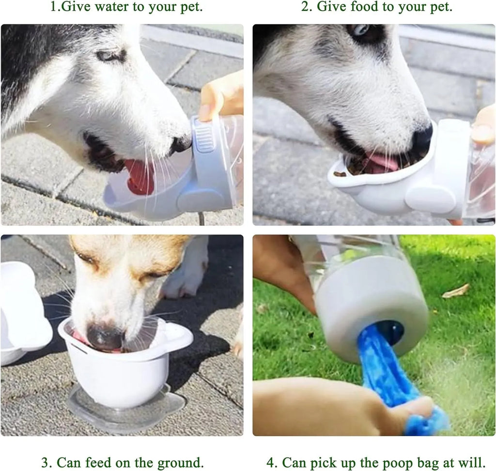 Green 3-in-1 pet water bottle with food container and waste bag dispenser for outdoor use