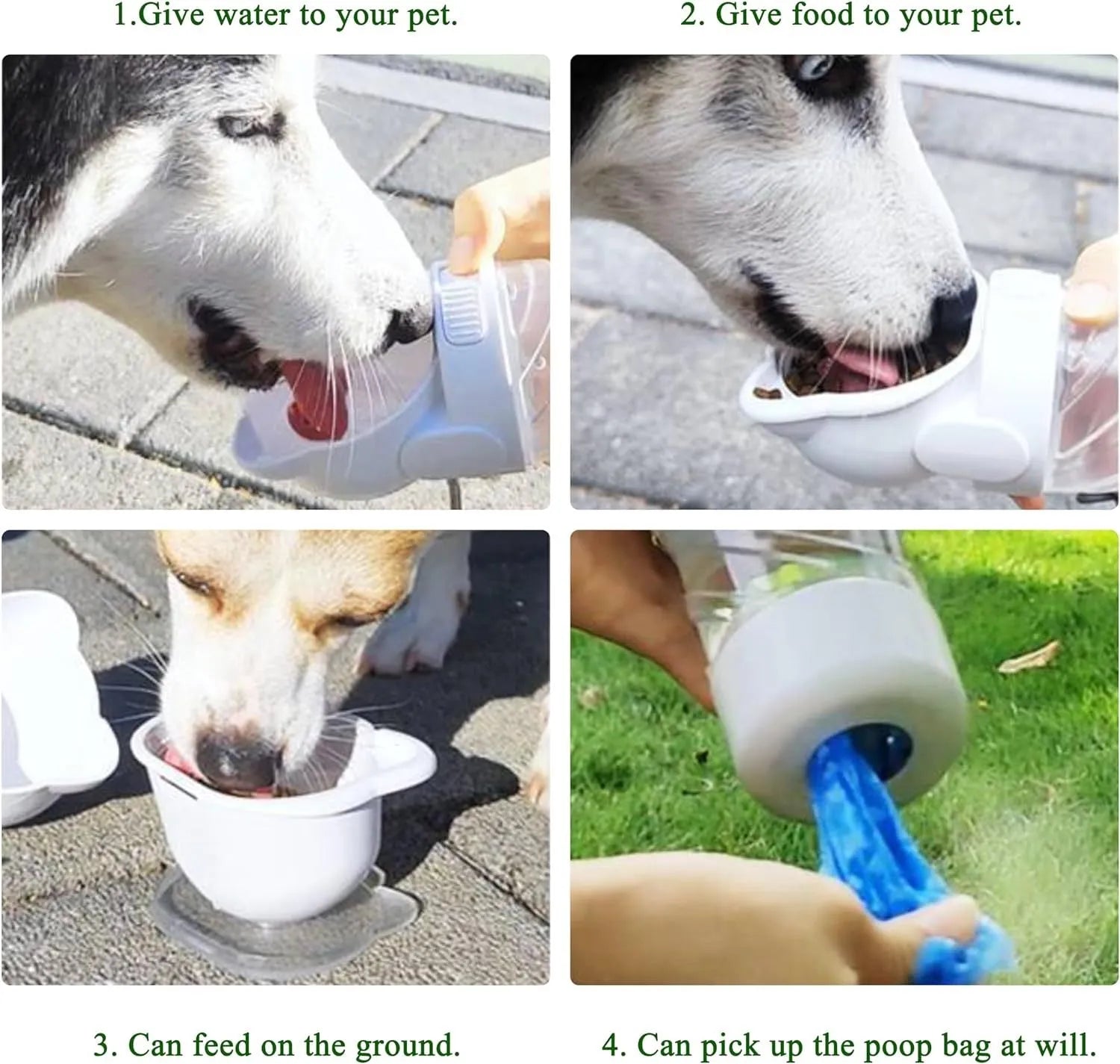 Green 3-in-1 pet water bottle with food container and waste bag dispenser for outdoor use
