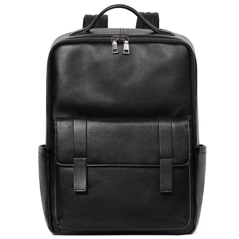 Black genuine leather men's computer backpack with large 55L capacity shown from a side angle.