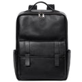 Black genuine leather men's computer backpack with large 55L capacity shown from a side angle.